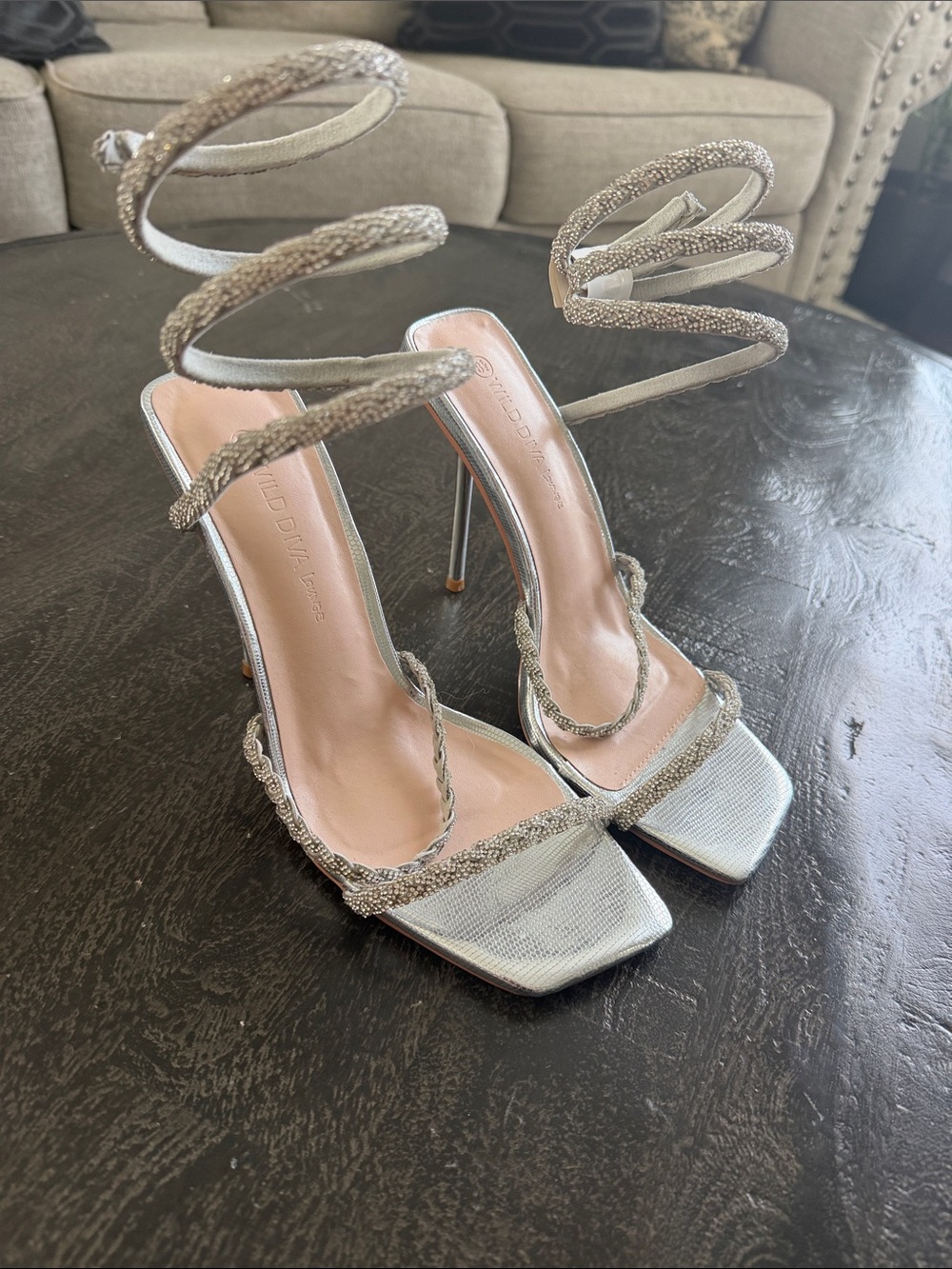 Wild Diva Silver Spiral Ankle Wrap Stiletto Sandals